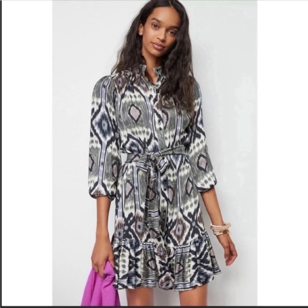 Anthropologie Tiny Carita Black Gray Puff Sleeve Belted Tunic Mini Dress LP Boho